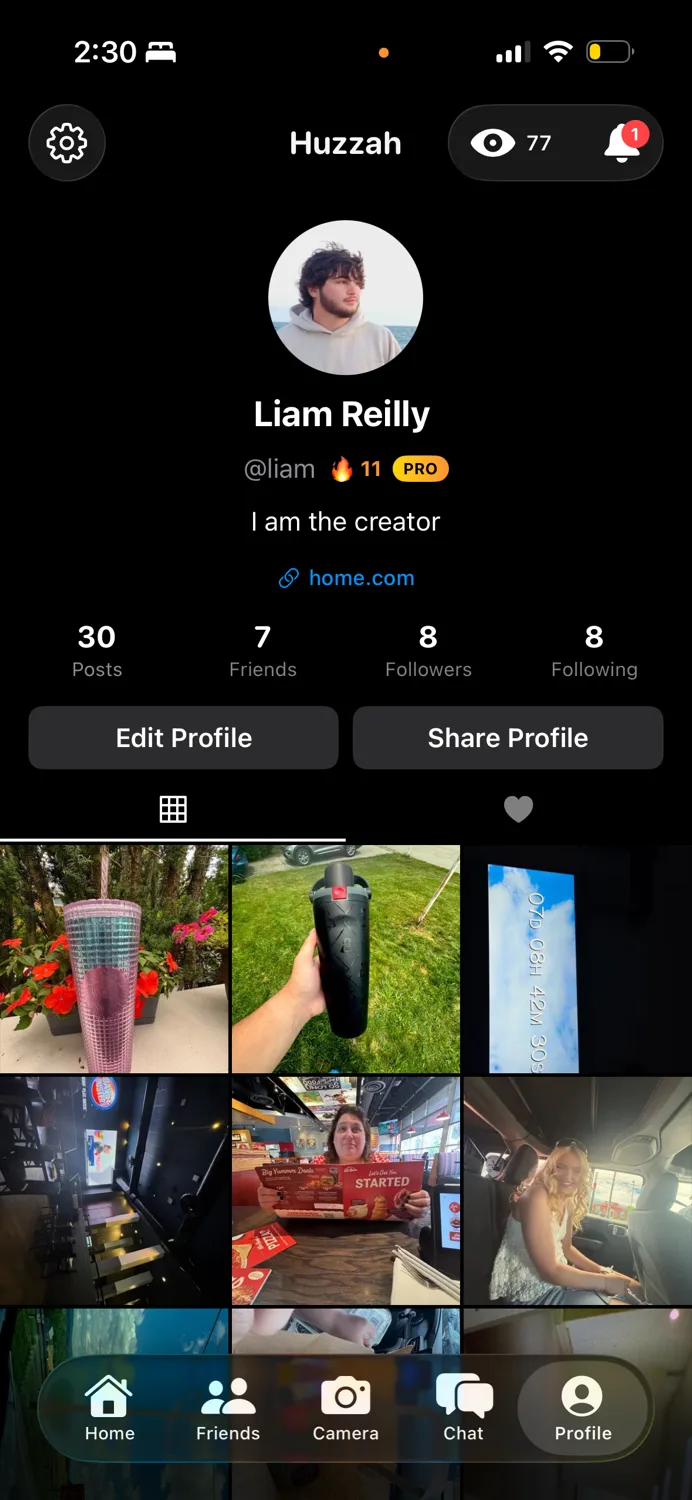 A Huzzah profile with a streak, stats, and a grid of past shots